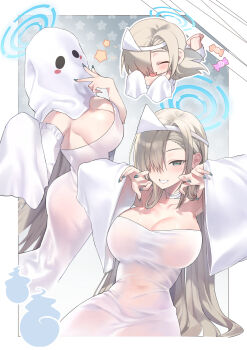 1girl absurdres asuna_(blue_archive) bandaged_neck bandages blonde_hair blue_archive blue_eyes blue_halo blue_nails blush breasts candy chibi claw_pose cleavage collarbone covered_navel detached_sleeves dress food ghost ghost_costume ghost_pose grin hair_over_one_eye halloween halloween_costume halo headband highres kuro11kii large_breasts long_hair looking_at_viewer multiple_views nail_polish one_eye_covered see-through_clothes sheet_ghost smile solo star_(symbol) strapless very_long_hair white_dress white_headband wide_sleeves