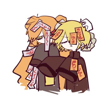 2girls blonde_hair braid braided_hair_rings brown_dress bun_cover closed_eyes don_quixote_(project_moon) double_bun dress e.g.o_(project_moon) freckles grey_dress hair_bun hair_rings highres hundred-footed_death_maggot_(e.g.o) ishmael_(project_moon) kongtiao1111111 limbus_company long_hair multiple_girls ofuda open_mouth orange_hair project_moon red_sheet_(e.g.o) short_hair sidelocks sleeves_past_fingers sleeves_past_wrists triangle_mouth upper_body very_long_hair