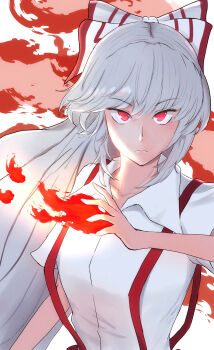 1girl absurdres bow commentary_request fire frown fujiwara_no_mokou hair_bow highres looking_at_viewer partial_commentary red_eyes shirt solo suspenders touhou upper_body white_hair white_shirt yamadasiomi