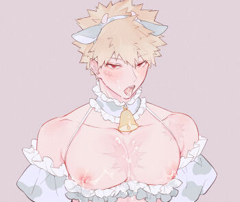 1boy animal_ears bakugou_katsuki bell boku_no_hero_academia commentary_request cow_boy cow_ears cow_horns cowbell crossdressing cum cum_in_mouth cum_on_body cum_on_chest facial fake_animal_ears horns looking_at_viewer lycik_98 male_focus male_lactation multiple_scars nipples pectorals protected_link red_eyes scar scar_on_chest scar_on_face scar_on_shoulder solo teeth tongue tongue_out upper_body upper_teeth_only
