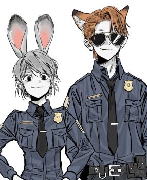 1boy 1girl 7584949rin animal_ears belt black_necktie breast_pocket earrings fang fox_ears grey_hair hands_on_own_hips highres humanization jewelry judy_hopps loose_necktie necktie nick_wilde open_collar orange_hair pocket police police_badge police_uniform policewoman rabbit_ears simple_background smile sunglasses tie_clip zootopia