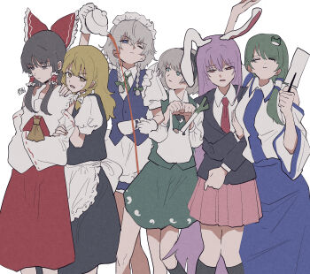 6+girls absurdres animal_ears apron ascot back_bow bag black_hairband black_jacket black_skirt black_vest blazer blonde_hair blue_eyes blue_skirt bow braid brown_eyes brown_hair closed_eyes closed_mouth collared_shirt commentary cup detached_sleeves english_commentary facing_viewer frilled_bow frilled_hair_tubes frills frog_hair_ornament gloves gohei green_bow green_eyes green_hair grey_hair hair_bow hair_ornament hair_tubes hairband hakurei_reimu hands_on_another's_shoulders highres hitodama_print holding holding_bag holding_cup holding_gohei holding_teapot izayoi_sakuya jacket kirisame_marisa kochiya_sanae konpaku_youmu long_hair looking_at_viewer maid maid_headdress mochitose_aguri multiple_girls necktie no_headwear one_eye_closed open_mouth pink_skirt playable_command_(touhou) pleated_skirt pouring puffy_short_sleeves puffy_sleeves purple_hair rabbit_ears rabbit_girl red_bow red_eyes red_necktie red_skirt reisen_udongein_inaba ribbon-trimmed_sleeves ribbon_trim shirt short_sleeves side_braid single_braid single_hair_tube skirt skirt_set snake_hair_ornament spring_onion sweatdrop tea teacup teapot touhou twin_braids vest waist_apron white_bow white_gloves white_shirt yellow_ascot yellow_eyes