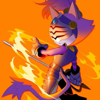 1girl animal_ears armor armored_dress blaze_the_cat cat_ears cat_girl cat_tail dress fire furry furry_female gauntlets helmet holding holding_sword holding_weapon knight miijiu orange_background parted_lips percival_(sonic) purple_fur pyrokinesis solo sonic_(series) sonic_and_the_black_knight sword tail weapon