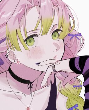 1girl black_choker blush choker earrings gradient_hair green_eyes highres jewelry kanroji_mitsuri kimetsu_no_yaiba long_hair multicolored_hair solo u_take22 upper_body