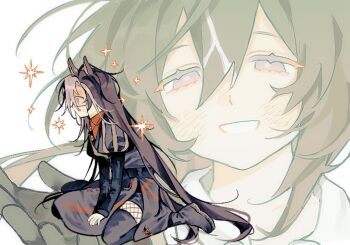 2girls absurdly_long_hair akechisu1 animal_ears belt black-framed_eyewear black_belt black_boots black_gloves black_pantyhose black_skirt blush boots bright_pupils brown_hair buttons character_request collared_shirt colored_eyelashes dream_journey_(reminder_of_dreamland)_(umamusume) dream_journey_(umamusume) dress dress_shirt fishnet_pantyhose fishnets full_body glasses gloves grey_dress grey_eyes hair_between_eyes hair_spread_out half-closed_eyes happy hexagram horse_ears horse_girl horse_tail implied_yuri juliet_sleeves light_blush long_hair long_hair_between_eyes long_sleeves medium_dress multicolored_hair multiple_girls nervous_sweating open_mouth pantyhose pointy_nose projected_inset puffy_sleeves purple_eyes red_shirt shirt shirt_under_dress side_slit sitting skirt skirt_under_dress smile sparkle stay_gold_(sunlit_outsider)_(umamusume) stay_gold_(umamusume) sweat tail thigh_boots two-tone_hair umamusume vertical-striped_sleeves very_long_hair wariza white_background white_pupils white_shirt wide-eyed