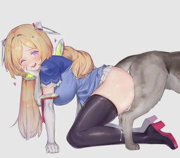 aki_rosenthal all_fours anonymous_artist arm_support artist_request ass ass-to-ass bestiality black_boots blonde_hair blue_shirt blush bob_cut boots breasts clothed_sex cum cum_in_pussy cumdrip detached_hair dog doggystyle ejaculation furrowed_brow gloves headgear hetero high_heels hololive interspecies large_breasts open_mouth parted_bangs purple_eyes sex sex_from_behind shirt source_request spill spilling thigh_boots thighhighs thighs twintails virtual_youtuber white_background white_gloves