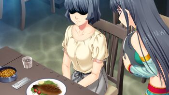 10s 2girls black_eyes black_hair blush chair character_request fish food fukami_nagisa game_cg highres koutaro long_hair multiple_girls short_hair table tropical_kiss tropical_vacation twinkle_(company)