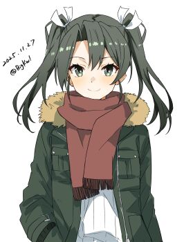 1girl absurdres bigkwl blush brown_scarf closed_mouth coat commentary cowboy_shot dated_commentary green_coat green_eyes green_hair hair_ribbon hand_in_pocket highres kantai_collection long_hair long_sleeves looking_at_viewer one-hour_drawing_challenge open_clothes open_coat parted_bangs pleated_skirt red_scarf ribbon scarf simple_background skirt smile solo twintails twitter_username white_background white_ribbon white_skirt zuikaku_(kancolle) zuikaku_(valentine)_(kancolle)