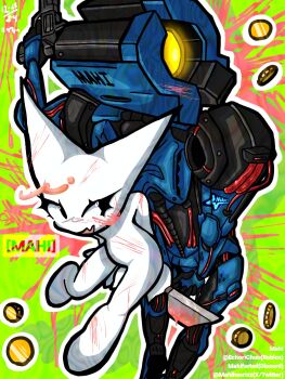 2others animal_ears black_eyes blood blush cat_ears coin commentary crossover distortion english_commentary eyelashes femtanyl_(musician) full_body furry green_background highres holding holding_knife humanoid_robot knife mahihasrizz multiple_others other_focus outline robot simple_background token_(femtanyl) ultrakill v1_(ultrakill) watermark white_fur white_outline