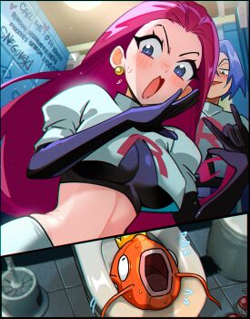 1boy 1girl \m/ absurdres anal_beads binary blue_eyes blue_hair commentary earrings english_commentary gen_1_pokemon green_eyes highres james_(pokemon) jessie_(pokemon) jewelry long_hair magikarp nintendo plunger pokemon pokemon_(anime) pokemon_(creature) red_hair sex_toy snegovski stud_earrings sweatdrop team_rocket team_rocket_uniform toilet trash_can