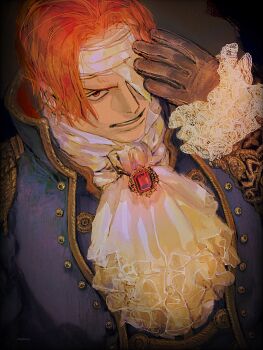 Rule 34 | 1boy, ascot, bandage over one eye, brooch, brown gloves, commentary request, frilled ascot, frilled sleeves, frills, frown, gloves, highres, jewelry, leirion5, male focus, military uniform, one piece, portrait, red eyes, red hair, shanks (one piece), short hair, white ascot