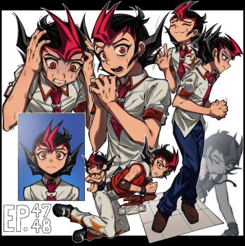 1boy bags_under_eyes bare_shoulders black_hair black_shoes blue_pants brown_shoes clenched_teeth colored_bangs commentary crying crying_with_eyes_open duel_disk elbow_gloves episode_number full_body gloves hands_in_own_hair hands_on_own_head hands_up highres hood hooded_vest hoodie huddle hunched_over knees_up letterboxed male_focus multiple_views necktie nervous nervous_sweating open_mouth own_hands_together pants polo_shirt portrait profile red_eyes red_necktie red_vest scared school_uniform scouter shirt shoes single_elbow_glove spiked_hair stress surprised sweat swimsuit tears teeth tsukumo_yuma unconscious untucked_shirt upper_body vest warambling white_background white_pants white_shirt white_vest wide-eyed yu-gi-oh! yu-gi-oh!_zexal