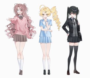 +_+ absurdres ahoge black_hair black_jacket black_necktie black_skirt blonde_hair blue_shirt blue_skirt bow bright_pupils brown_bow brown_hair brown_skirt drill_hair eyepatch fang full_body green_eyes hair_between_eyes hair_ornament hairpin hand_on_own_hip highres huge_ahoge jacket long_hair neckerchief necktie open_mouth original pink_sweater pinpinkungya pleated_skirt red_eyes sailor_collar school_uniform serafuku shirt side_drill simple_background single_drill skin_fang skirt socks standing sweater twintails v white_background white_neckerchief white_socks wristband