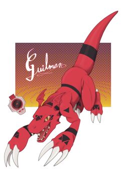 Rule 34 | character name, claws, colored skin, digimon, digimon (creature), digivice, guilmon, highres, looking at viewer, no humans, open mouth, orange eyes, red skin, solo, tail, thehoodboxu
