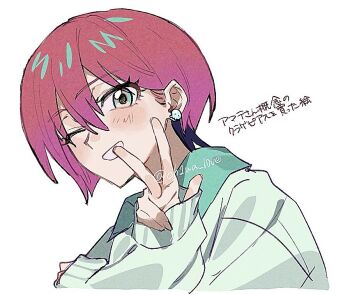 1girl amate_yuzuriha aqua_eyes blush ch1wa_l0ve earrings gundam gundam_gquuuuuux jewelry long_sleeves looking_at_viewer necktie one_eye_closed open_mouth red_hair school_uniform shirt short_hair simple_background smile solo sweater v white_background zooming_in