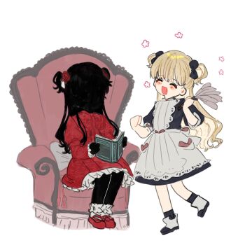 2girls armchair blonde_hair blue_bow blue_dress blue_socks blush_stickers book boots bow center_frills chair closed_eyes dress duster emilico_(shadows_house) feather_duster flower frilled_dress frilled_sleeves frilled_socks frills hair_bow hair_flower hair_ornament hashtag-only_commentary highres juliet_sleeves kate_(shadows_house) long_hair long_sleeves looking_at_another mary_janes multiple_girls opalmoi6 open_book open_mouth puffy_short_sleeves puffy_sleeves red_dress red_flower red_footwear red_rose rose shadow_(shadows_house) shadows_house shoes short_sleeves simple_background smile socks two_side_up very_long_hair wavy_hair white_background white_socks