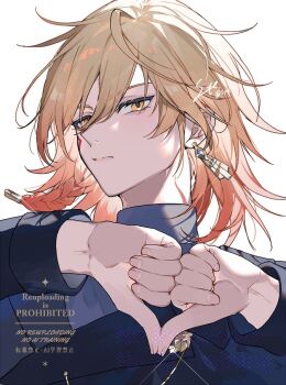 1boy black_jacket black_shirt blonde_hair braid commentary_request earrings facial_tattoo gold_earrings gradient_hair honkai:_star_rail honkai_(series) jacket jewelry male_focus medium_hair multicolored_hair mydei_(honkai:_star_rail) neck_tattoo red_hair red_tattoo shirt side_braid solo syerii tattoo turtleneck turtleneck_shirt watermark yellow_eyes