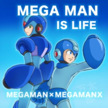 2boys 6rockmantaro9 arm_cannon armor back-to-back blue_armor blue_background blue_bodysuit blue_eyes blue_helmet bodysuit character_name copyright_name cowboy_shot forehead_jewel green_eyes helmet highres in-franchise_crossover male_focus mega_man_(character) mega_man_(classic) mega_man_(series) mega_man_x_(series) multiple_boys simple_background weapon x_(mega_man)