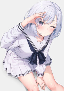 1girl between_legs black_neckerchief blush closed_mouth collarbone grey_background grey_hair hand_between_legs highres long_sleeves looking_at_viewer neckerchief ok_sign one_eye_closed original pleated_skirt purple_eyes sailor_collar school_uniform serafuku shirt short_hair simple_background sitting skirt solo white_hair white_sailor_collar white_serafuku white_shirt white_skirt yuuri_nayuta