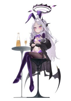 1girl absurdres alternate_costume animal_ears black_gloves black_pantyhose blue_archive blush boots breasts chair closed_mouth crossed_legs cup dat_(dat14382) fake_animal_ears gloves halo heart_pasties high_heel_boots high_heels highres hina_(blue_archive) long_hair long_sleeves looking_at_another navel on_chair pantyhose pasties playboy_bunny purple_boots purple_eyes purple_halo rabbit_ears reverse_bunnysuit reverse_outfit simple_background sitting small_breasts smile solo sweatdrop table white_background white_hair