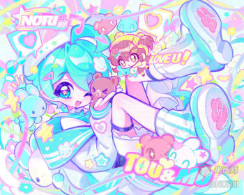 1boy 1girl ahoge aqua_hair blue_eyes brown_hair chibi colorful commission hat heart huge_ahoge jacket leg_warmers long_hair long_sleeves looking_at_viewer male_focus mihuashi_commission mini_person minigirl nori_jooy one_eye_closed one_side_up original paw_shoes shorts smile solo_focus speech_bubble star_(symbol) star_in_eye sticker stuffed_animal stuffed_toy symbol_in_eye teddy_bear thick_eyelashes too_many_watermarks watermark white_hat white_jacket