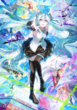1boy 5girls absurdres aqua_eyes aqua_hair aqua_nails aqua_necktie aqua_trim azusawa_kohane black_boots black_skirt boots breasts commentary_request detached_sleeves full_body hair_between_eyes hair_ornament hanasato_minori hatsune_miku headset highres hoshino_ichika_(project_sekai) kika long_hair long_sleeves looking_at_viewer medium_breasts miniskirt multiple_girls necktie open_mouth pleated_skirt project_sekai reaching reaching_towards_another shirt skirt sleeveless sleeveless_shirt smile tears tenma_tsukasa thigh_boots twintails very_long_hair vocaloid white_shirt wide_sleeves yoisaki_kanade