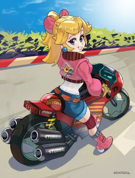 1girl absurdres blonde_hair blue_eyes blue_shorts boots bow breasts daferq denim denim_shorts earrings fingerless_gloves gloves hair_bow highres jacket jewelry knee_pads long_hair looking_at_viewer mario_(series) mario_kart mario_kart_world motor_vehicle motorcycle nintendo on_motorcycle open_clothes open_jacket partially_open_jacket pink_boots pink_bow pink_jacket ponytail princess_peach princess_peach_(touring) rally_bike_(mario_kart_world) shirt short_shorts shorts solo sphere_earrings