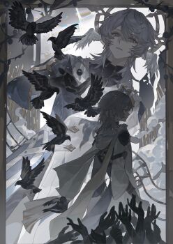 1boy absurdres bird black_bird black_pants blue_coat chinese_commentary chiyu_(shuchiyu607) coat commentary_request disembodied_hand dual_persona earrings feathered_wings gloves grey_hair hair_between_eyes hair_over_shoulder halo halo_behind_head head_wings highres honkai:_star_rail honkai_(series) jacket jewelry long_hair long_scarf long_sleeves looking_at_viewer male_focus multicolored_coat multiple_views muted_color pants profile scarf shirt smoke sunday_(honkai:_star_rail) upper_body white_coat white_scarf white_wings wings yellow_eyes