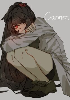 Rule 34 | 1girl, absurdres, bear hair ornament, brown hair, carmen (project moon), character name, closed mouth, coat, crossed arms, hair ornament, high ponytail, highres, lab coat, lobotomy corporation, long hair, looking at viewer, medakaiintyou01, ponytail, project moon, red eyes, simple background, smile, solo, squatting, very long hair, white background, white coat