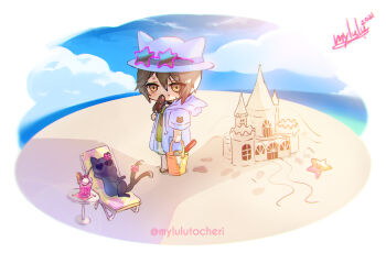 1boy animal animal_ears animal_hat arknights bendy_straw black_cat blue_sky brown_eyes brown_hair brown_sandals brown_shorts bucket cat cloud crossed_legs cup drink drinking_glass drinking_straw eyes_visible_through_hair eyewear_on_head fake_animal_ears food green_shirt hair_between_eyes hat heart heart-shaped_eyewear highres holding holding_bucket holding_food hood hood_down hooded_jacket horizon ice ice_cream ice_cube jacket miss_christine_(arknights) myluche nekomata ocean open_clothes open_jacket phantom_(arknights) pink-framed_eyewear sand_sculpture sandals shirt shorts signature sky standing star-shaped_eyewear star_(symbol) starfish sun_hat sunglasses tragodia_(arknights) twitter_username water white_hat white_jacket