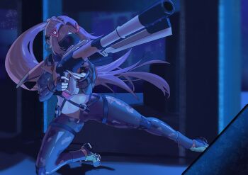 1girl absurdres black_gloves black_pants blindfold_mask blonde_hair breasts camouflage commentary covered_eyes english_commentary fingerless_gloves gloves hair_ornament highres holding jacket large_breasts long_hair mask navel pants ponytail solo trigger_(zenless_zone_zero) user_fhuy2527 zenless_zone_zero