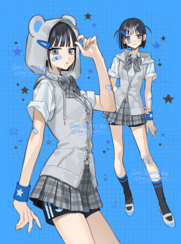 1girl :3 absurdres adidas animal_hood bandaid bandaid_on_arm bandaid_on_cheek bandaid_on_face bear_hood black_hair blue_background blue_eyes bow bowtie collared_shirt commentary full_body grid_background highres hood hood_down hood_up hoodie looking_at_viewer multiple_views original parted_lips plaid_bow plaid_bowtie plaid_clothes plaid_skirt pleated_skirt shirt short_hair short_sleeves shorts shorts_under_skirt skirt sleeveless sleeveless_hoodie smile socks star_(symbol) sweatband temu_(tem27) two_side_up watermark