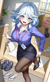 1girl adjusting_clothes adjusting_shoe alternate_breast_size_(larger) alternate_costume bag black_cat black_pantyhose black_shoes black_skirt blue_eyes blue_hair blush breasts cat cleavage collarbone collared_shirt commentary_request fingernails furina_(genshin_impact) genshin_impact grey_hair hair_between_eyes hair_intakes high_heels highres id_card indoors lanyard large_breasts legs long_sleeves looking_at_viewer medium_hair multicolored_hair no-ba office_lady open_mouth pantyhose pencil_skirt purple_shirt shirt shirt_tucked_in shoes shoulder_bag side_ahoge skirt socks solo streaked_hair tearing_up thighband_pantyhose unworn_shoes unworn_socks variant_set white_bag