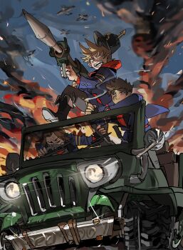 Rule 34 | 3boys, aircraft, airplane, animification, black boots, black gloves, black pants, blue coat, boots, brown hair, cigarette, closed eyes, coat, combat helmet, commentary, curtained hair, debris, drawstring, eddsworld, fingerless gloves, gloves, hair ears, helmet, highres, holding, holding cigarette, holding rocket launcher, holding weapon, hood, hood down, hoodie, kuangzihaixing, long sleeves, looking ahead, male focus, military coat, military jeep, military uniform, motor vehicle, multiple boys, open mouth, outdoors, pants, patryck (eddsworld), paul (eddsworld), pickelhaube, red hoodie, red leader (eddsworld), red sweater, rocket launcher, scar, scar across eye, scar on face, short hair, sky, smoke, sweater, thick eyebrows, tord (eddsworld), untranslatable commentary, weapon