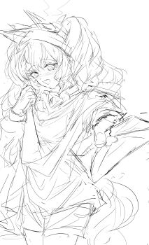 1girl absurdres angelina_(arknights) animal_ears arknights averting_eyes coat collar commentary_request cowboy_shot embarrassed fox_ears fox_girl fox_tail greyscale hairband hand_up highres incoming_letter infection_monitor_(arknights) jacket letter long_hair love_letter material_growth monochrome open_clothes open_coat open_jacket oripathy_lesion_(arknights) shino_duka short_shorts shorts simple_background solo steaming_body tail twintails unfinished unzipped white_background