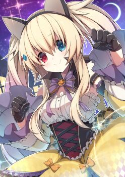 1girl alice_(grimms_echoes) animal_ear_hairband animal_ears black_corset black_gloves bow breasts cat_ear_hairband cat_ears closed_mouth corset fake_animal_ears frilled_sleeves frills gloves grimms_echoes hair_between_eyes hairband hands_up heterochromia highres long_hair long_sidelocks looking_at_viewer orange_bow ruisuke sidelocks skirt smile solo twintails very_long_hair wide_sleeves yellow_skirt