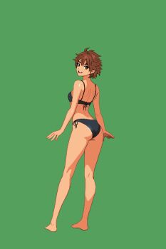 1girl ass back bikini black_bikini breasts brown_eyes brown_hair commentary_request from_behind full_body kei_sakuragi looking_at_viewer looking_back open_mouth picopico256 pixel_art short_hair small_breasts smile solo swimsuit the_scramble_vice