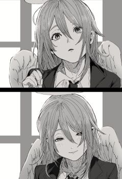 029tintin 1boy androgynous angel angel_devil_(chainsaw_man) chainsaw_man closed_mouth collared_shirt commentary_request greyscale hair_between_eyes halo heco_inu highres jacket long_hair male_focus monochrome necktie shirt smile suit_jacket upper_body wings