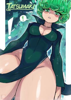 ! 1girl absurdres aura blush breasts cleavage clothes_lift collarbone dress dress_lift eyeshadow from_below green_background green_dress green_eyes green_hair highres long_hair long_sleeves looking_at_viewer makeup medium_breasts one-punch_man parted_lips side_slit speech_bubble spoken_exclamation_mark standing tatsumaki teeth thick_thighs thighs tony_welt wide_hips wind wind_lift