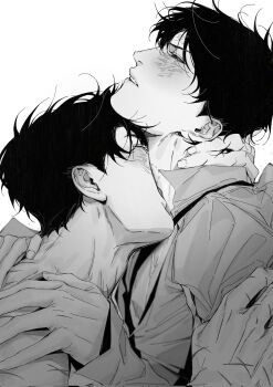 2boys biting black_hair clenched_teeth closed_eyes collared_shirt flustered greyscale hand_on_another&#039;s_arm hand_on_another&#039;s_neck hand_on_another&#039;s_shoulder highres kim_dokja male_focus monochrome multiple_boys omniscient_reader&#039;s_viewpoint open_clothes open_shirt owlaoao shirt short_hair teeth upper_body yaoi yoo_joonghyuk