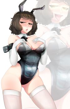 1girl animal_ears bare_shoulders black_bow black_bowtie black_leotard blush blysill bow bowtie breasts brown_eyes brown_hair commentary covered_navel cowboy_shot detached_collar elbow_gloves english_commentary eyelashes fake_animal_ears gloves gluteal_fold hands_up highleg highleg_leotard highres impossible_clothes impossible_leotard kawakami_sadayo large_breasts leotard looking_at_viewer medium_hair open_mouth persona persona_5 playboy_bunny rabbit_ears skindentation solo strapless strapless_leotard thighhighs white_gloves white_thighhighs zoom_layer