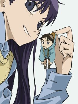 Rule 34 | 1boy, 1girl, blue eyes, blue hoodie, brown hair, brown shorts, flcl, highres, holding, hood, hoodie, nandaba naota, ninamori eri, pink punk ponk, purple hair, shorts, simple background, size difference, teeth, white background