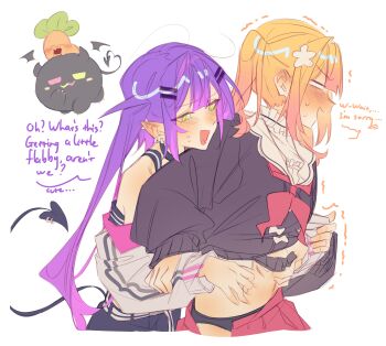 2girls absurdres belly_grab bibi_(tokoyami_towa) black_panties black_tank_top blonde_hair blush brown_cardigan cardigan cropped_legs demon_tail ear_piercing english_text fang flower frilled_shirt frills gradient_hair green_eyes hair_flower hair_ornament hairclip half-closed_eyes highres hololive hug hug_from_behind jacket legzy long_hair medium_hair midriff momosuzu_nene momosuzu_nene_(casual) multicolored_hair multiple_girls navel nekko_(momosuzu_nene) nervous_sweating off_shoulder open_mouth panties piercing pink_hair pointy_ears purple_hair shirt sidelocks skirt sweat tail tail_ornament tail_piercing talking tank_top tokoyami_towa tokoyami_towa_(1st_costume) twintails twitching underwear unzipped virtual_youtuber white_jacket white_shirt yuri