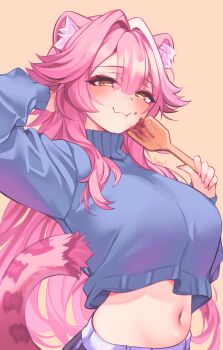 1girl :3 absurdres animal_ears artist_name blue_sweater blush breasts closed_mouth commentary eating english_commentary eyeshadow fingernails hair_intakes highres holding holding_spatula hololive hololive_english large_breasts long_hair long_sleeves looking_at_viewer makeup midriff multicolored_hair nail_polish navel panther_ears panther_girl panther_tail pink_background pink_hair pink_nails pink_tail raora_panthera red_eyeshadow simple_background smile solo spatula stomach streaked_hair sweater tail two-tone_hair tyam virtual_youtuber wooden_spatula yellow_eyes