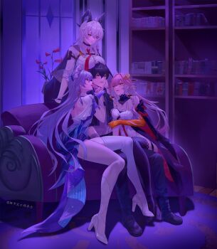 1boy 3girls absurdres arm_pouch asymmetrical_legwear bare_shoulders black_boots black_collar black_horns black_jacket black_pants black_thighhighs bookshelf boots braid breasts button_gap cantarella_(wuthering_waves) changli_(wuthering_waves) chest_harness chinese_commentary collar colored_extremities commentary_request couch curled_horns dress grey_hair grey_shirt hair_between_eyes hair_extensions hair_ornament harness high_heels highres horns indoors jacket kneehighs large_breasts legwear_cutout long_hair looking_at_another male_rover_(wuthering_waves) multicolored_hair multiple_girls necktie on_couch pants pink_hair pouch purple_hair red_eyes red_hands red_necktie ring_hair_extensions rover_(wuthering_waves) shirt shoes single_kneehigh single_sock single_thighhigh sitting skaven_gongcheng_shushi smile socks thigh_strap thighhighs tongue tongue_out twin_braids two-tone_hair uneven_legwear very_long_hair white_dress white_hair white_shirt white_shoes white_socks white_thighhighs wuthering_waves yellow_eyes zani_(wuthering_waves)