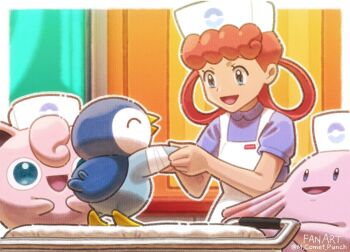1girl :d apron bandaged_arm bandages chansey commentary_request gen_1_pokemon gen_4_pokemon hair_rings happy hat highres indoors jigglypuff joy_(pokemon) komepan long_hair nintendo open_mouth outline piplup pokemon pokemon_(creature) pokemon_bdsp shirt short_sleeves smile twitter_username white_apron white_hat
