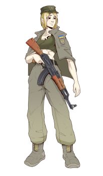 Rule 34 | 1girl, abs, ak-47, assault rifle, belt, blonde hair, boots, breasts, brown eyes, drawfag, full body, gun, hat, highres, holding, holding gun, holding weapon, jacket, kalashnikov rifle, marichka, military, military patch, military uniform, nazi, non-web source, original, pants, rifle, russo-ukrainian war, short hair, simple background, smile, soldier, solo, standing, submachine gun, swastika, swastika tattoo, tank top, tattoo, trigger discipline, tryzub, ukraine, ukrainian flag, weapon, white background