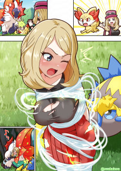 1girl ;o absurdres artist_name black_shirt blonde_hair blue_eyes blush breasts captured cleavage fennekin galvantula gen_5_pokemon gen_6_pokemon gen_9_pokemon grass hat highres kidnapped long_hair medium_breasts multiple_others nintendo one_eye_closed outdoors oyu_(suukaizou) pokemon pokemon_(creature) pokemon_xy red_skirt sequential serena_(pokemon) shirt skirt sleeveless sleeveless_shirt slither_wing torn_clothes web