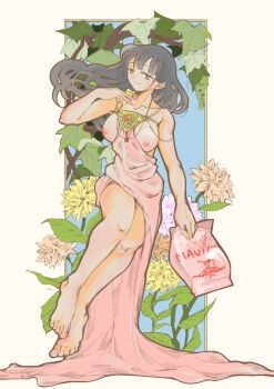 1girl alternate_costume bag bare_shoulders barefoot black_hair boku_no_kokoro_no_yabai_yatsu branch breasts breasts_out brown_eyes chikara_(tresportrespor3) closed_mouth clothes_pull collarbone commentary dress dress_pull feet flower hand_up highres holding holding_bag invisible_chair jewelry large_breasts legs long_dress long_hair looking_at_viewer mole mole_on_neck multiple_moles necklace no_shoes pink_dress sitting strapless strapless_dress toes yamada_anna