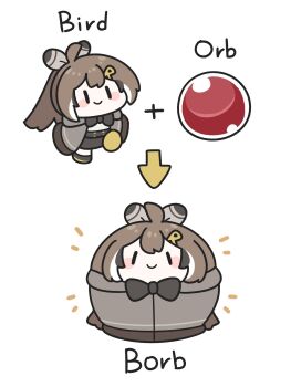 1girl ahoge arrow_(symbol) blush_stickers brown_hair c: chibi commentary derivative_work english_commentary english_text feather_hair_ornament feathers full_body hair_ornament highres hololive hololive_english long_hair looking_at_viewer multicolored_hair nanashi_mumei nanashi_mumei_(1st_costume) orb ponytail simple_background smile streaked_hair underdatv virtual_youtuber white_background |_|